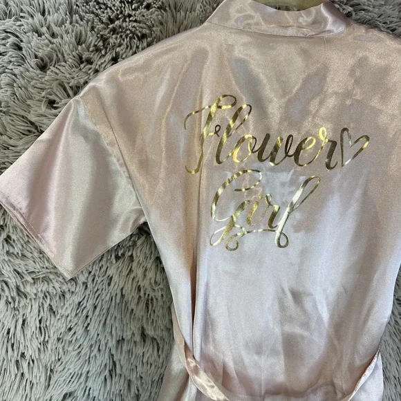 David's Bridal‎ Flower Girl Robe Small Blush Gold Satin Short Sleeve Feminine - Picture 5 of 9